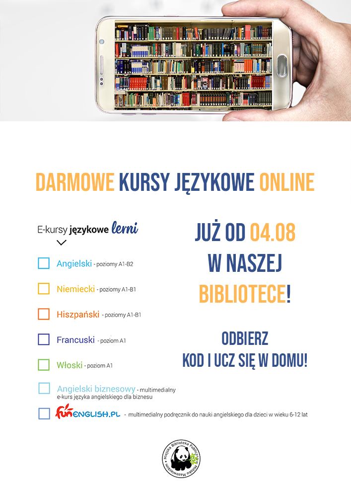 plakt reklamujący kursy językowe online z fotografią książek w smartfonie